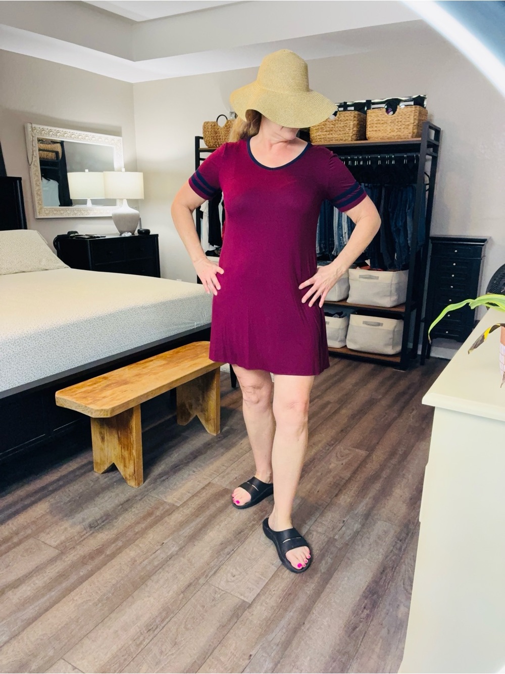 Maurices Burgundy Short Sleeve Midi Dress with Navy Trim Large